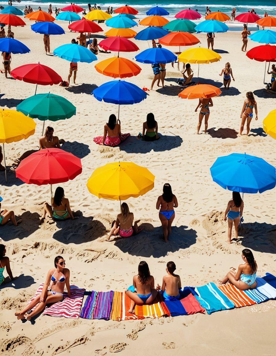 A vibrant beach scene filled with diverse individuals flaunting stylish thongs and bikinis under a bright sun. Include colorful beach umbrellas, sandcastles, and beach balls to enhance the summer vibe. The atmosphere should radiate happiness and freedom, showcasing the latest trends in beachwear. Add a hint of ocean waves in the background for a refreshing touch. super-realistic. vibrant colors. summer theme.